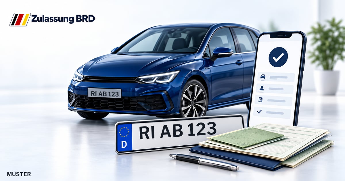 Online Fahrzeugzulassung in Rinteln: Musterkennzeichen RI AB 123, Auto und Fahrzeugpapiere und Smartphone. Illustration mit Logo von Zulassung BRD.
